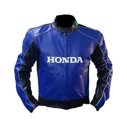 Front View of Blue Honda Racing Leather Jacket with White Branding