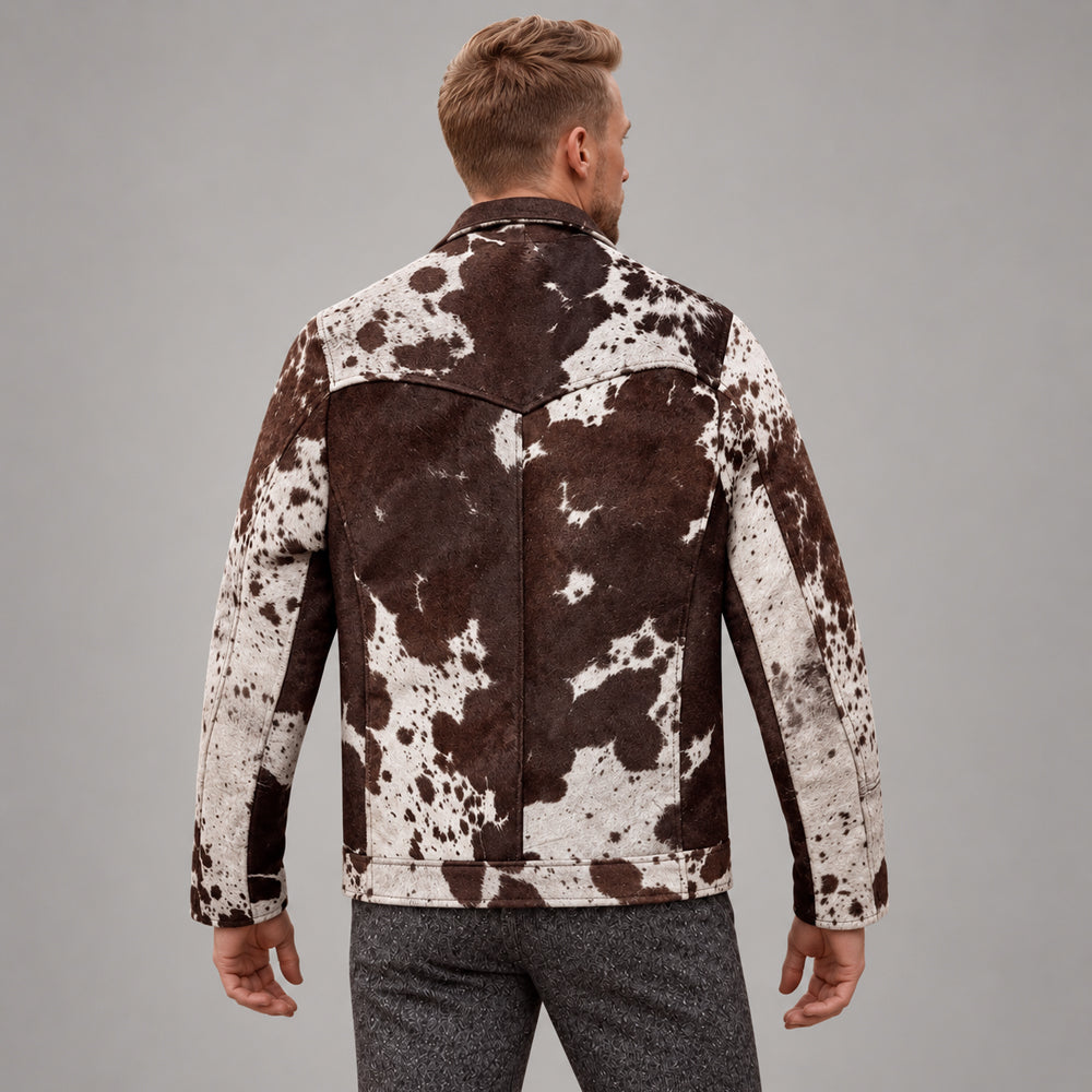 Model back view of brown cowhide Western jacket with pointed yoke, paneled body and structured hem