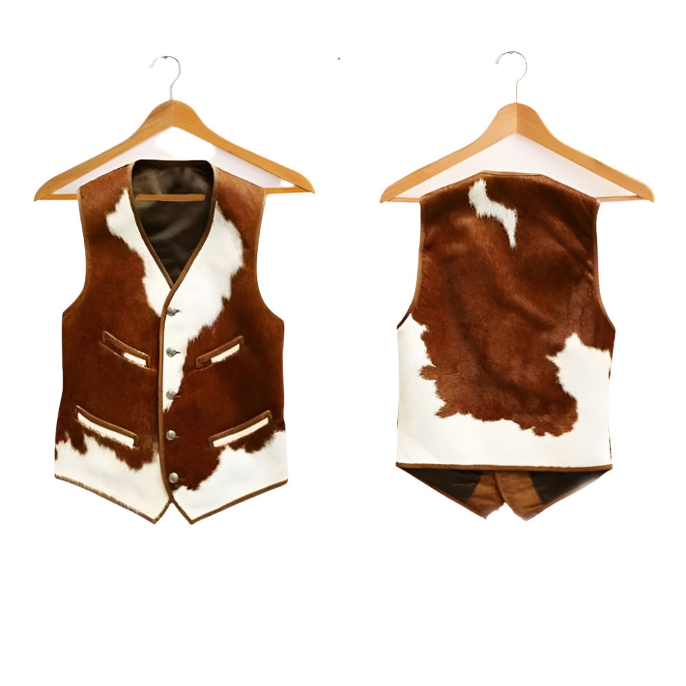 Front and back studio layout of the brown hair-on leather riding vest styled on wooden hangers.