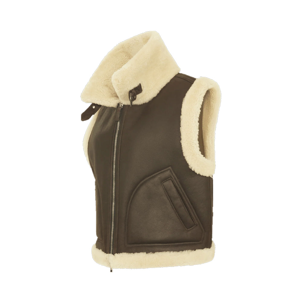Angled view showing curved hand pocket and cream fleece edging on a brown aviator vest