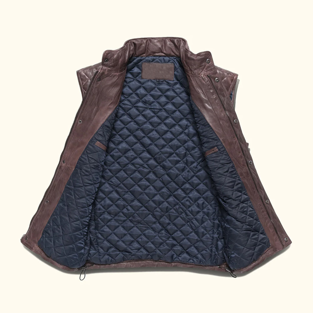 Detailed view of the sheepskin biker vest fully open to show the smooth tonal dark brown lining.
