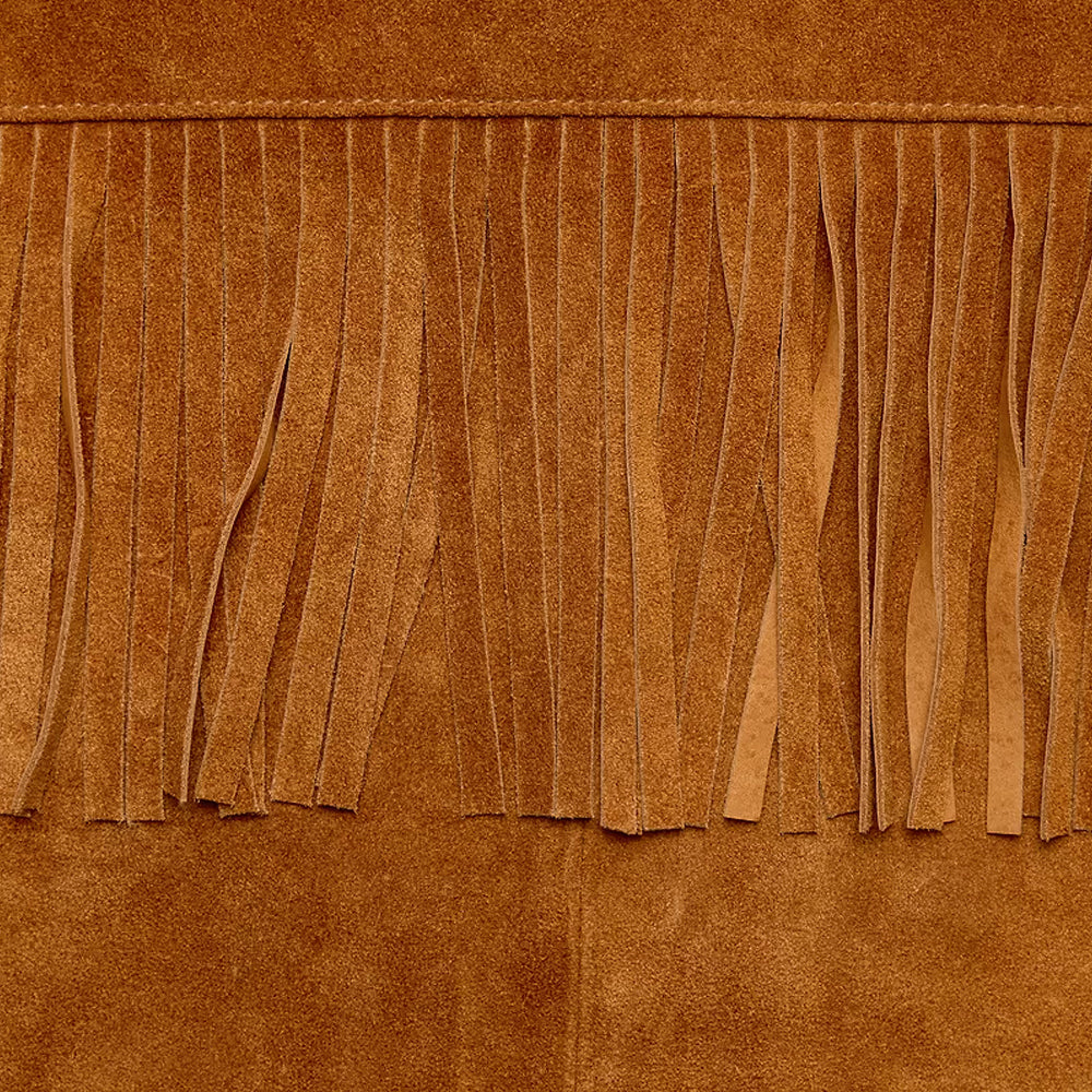 Close-up of brown suede back-yoke fringe showing directional nap, narrow tassel cuts and tonal attachment seam.