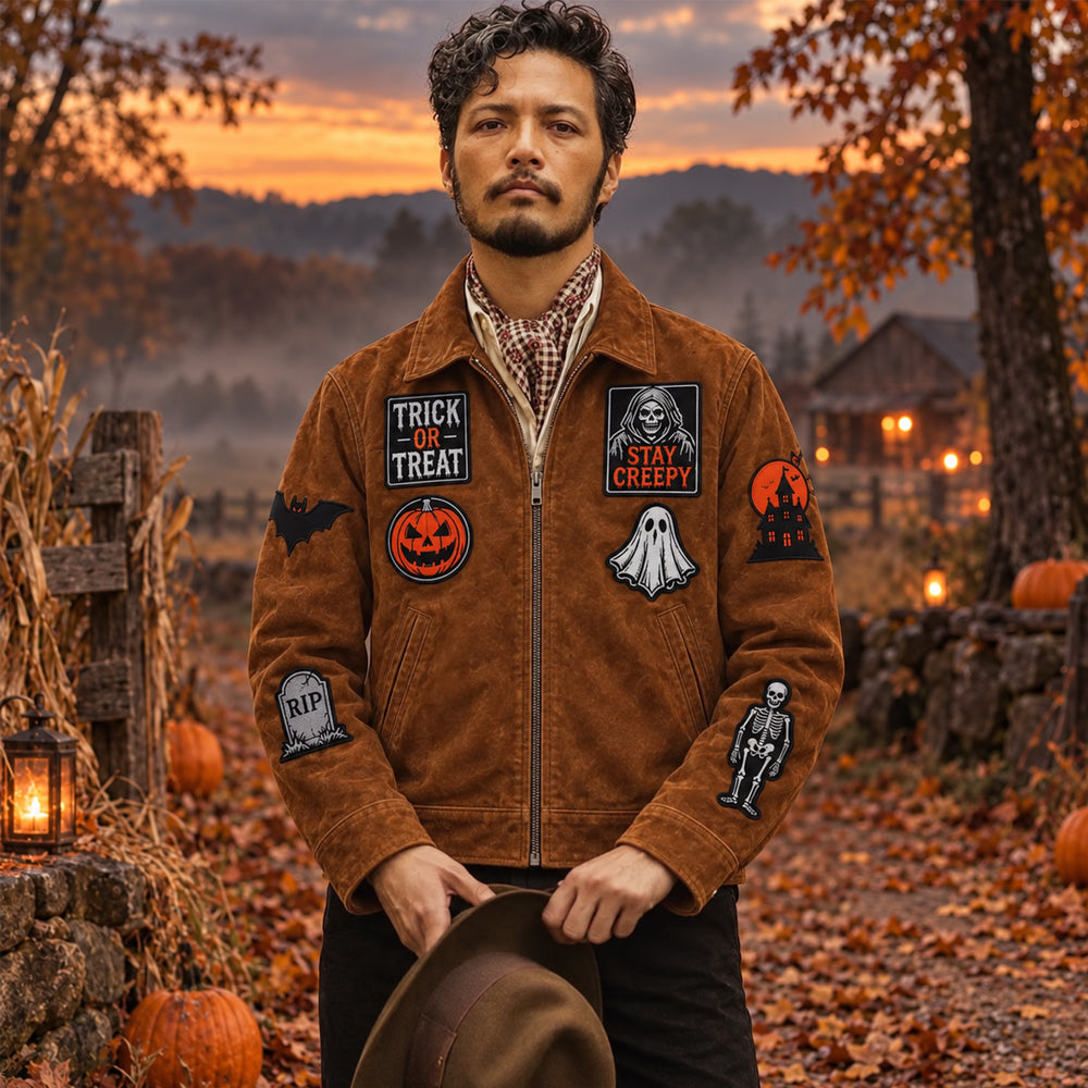 Man wearing brown suede Halloween patch jacket with Trick or Treat, pumpkin, ghost and skeleton badges