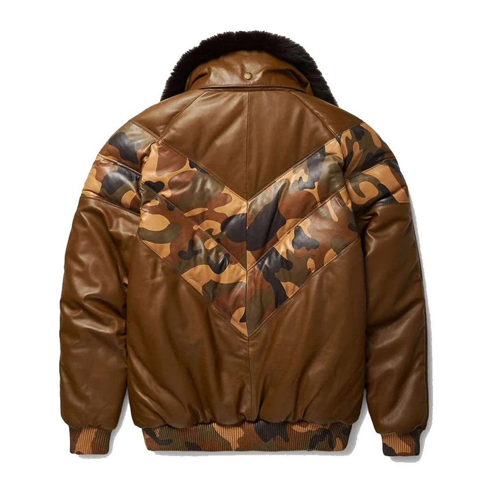 Back flat lay view of camo leather V-bomber jacket with chevron panel design