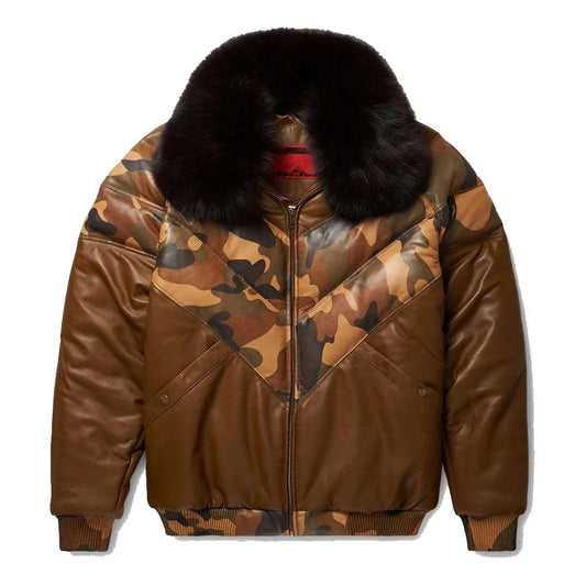 Camo leather V-bomber jacket with black fox fur collar, front flat lay view