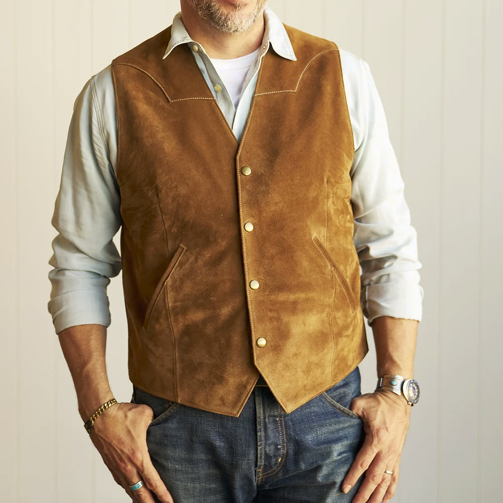 Buttoned front fit of men’s caramel suede ranch vest showing its deep V-neck, four-snap closure and pointed hem