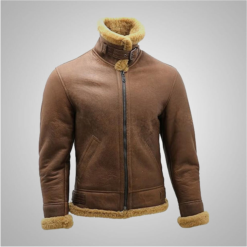 Front view of chestnut B3 aviator shearling jacket fully zipped with single collar buckle fastened upright