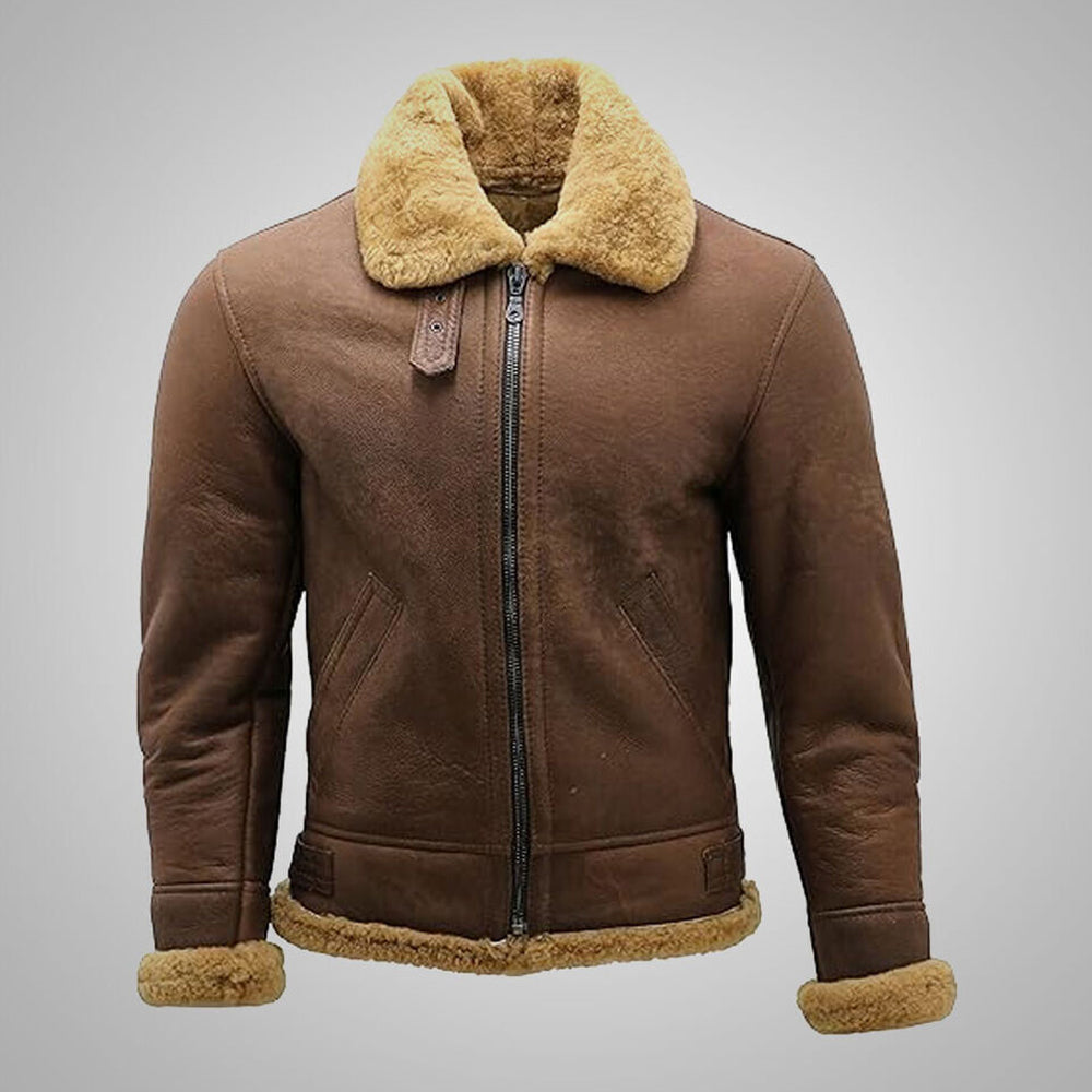 Front view of chestnut brown B3 shearling flight jacket zipped up displaying open honey gold fur collar and waist buckles