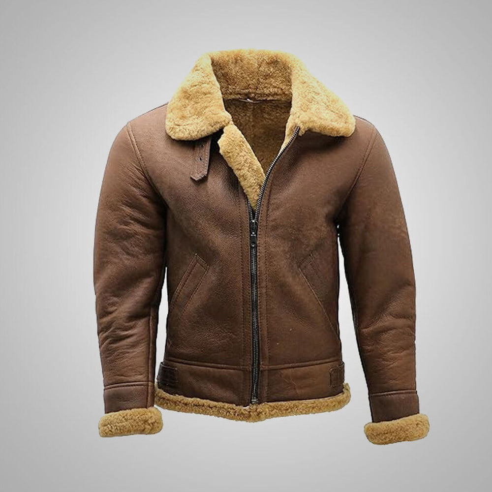 Flat front view of chestnut brown B3 sheepskin shearling flight jacket with open honey fur collar and YKK zipper
