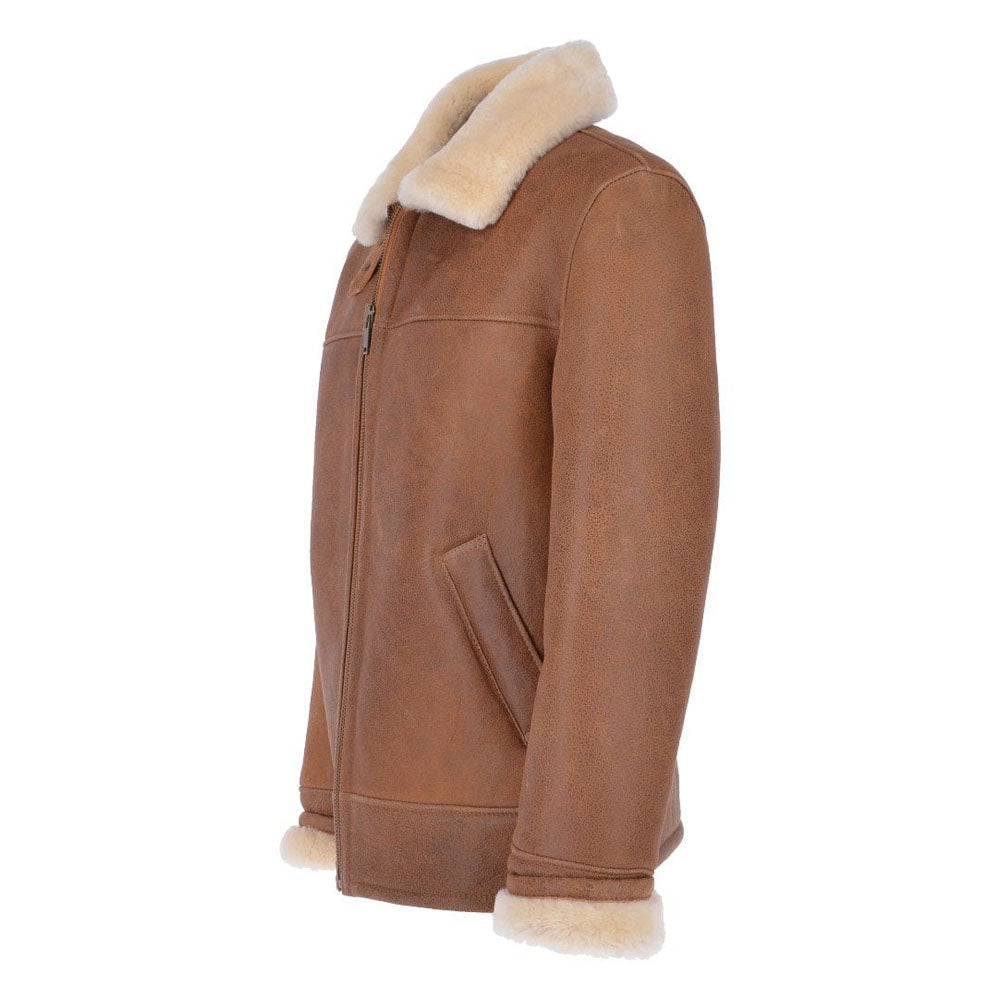 Side profile of chestnut brown sheepskin pilot leather jacket displaying angled welt hand pocket and rolled cream shearling cuffs