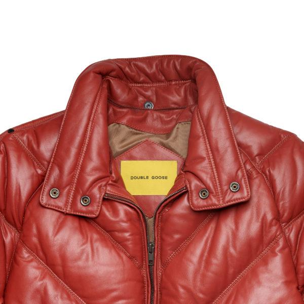 Close-up view of the Double Goose chili red calfskin jacket collar shown without the fur trim attachment.