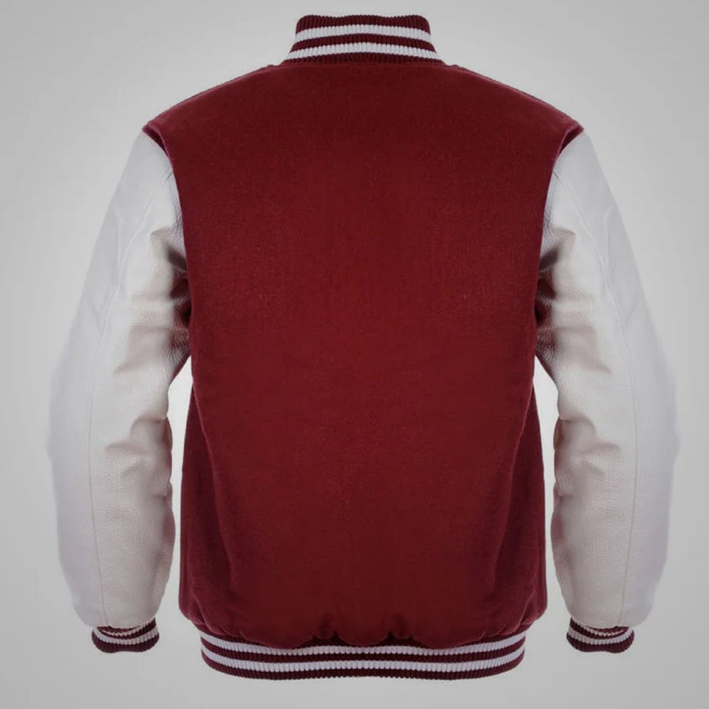 The clean, unbranded back panel design of the maroon wool and white leather letterman jacket displaying the striped rib-knitted hem and collar.