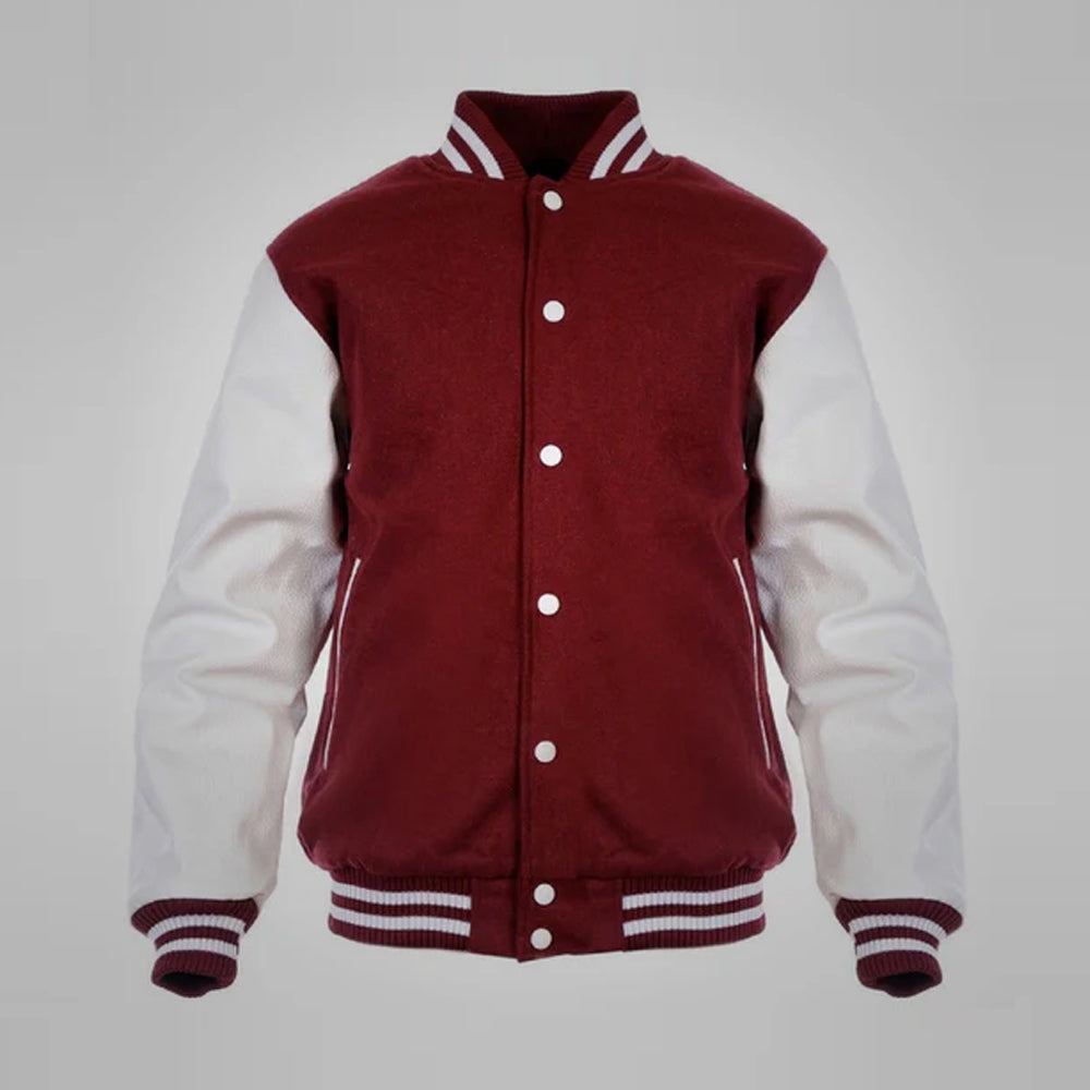 Front view of the premium maroon and white varsity jacket showcasing the high-quality wool body, contrast white leather sleeves, and button closure.