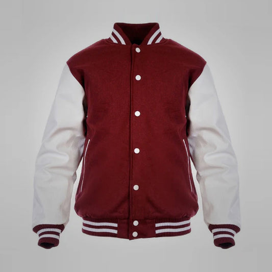 Front view of the premium maroon and white varsity jacket showcasing the high-quality wool body, contrast white leather sleeves, and button closure.