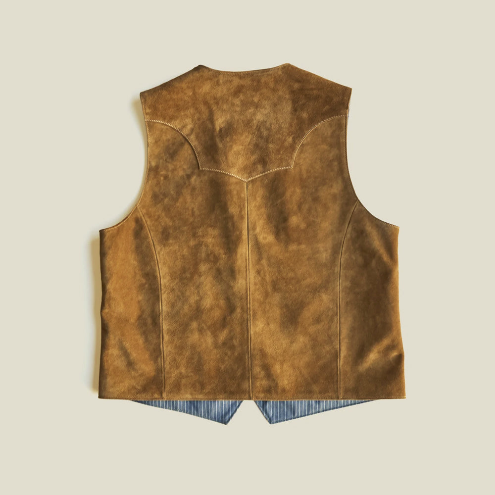 Flat-lay rear view showing the cowboy suede vest’s clean back, curved side seams and center-point yoke