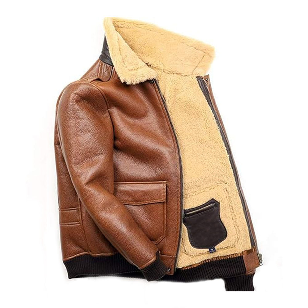 Cognac shearling leather bomber jacket highlighting left sleeve utility zip pocket and inner patch pocket