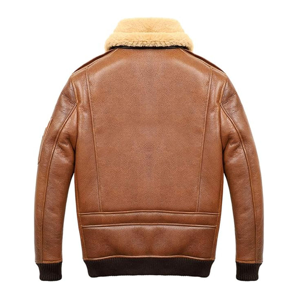 Back view of cognac sheepskin leather aviator jacket showing structured back paneling and ribbed waist