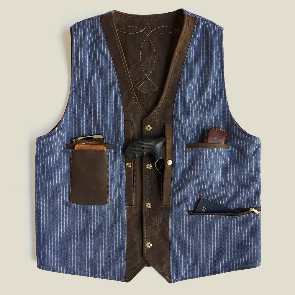 Interior of men’s bison leather concealed carry vest with dual CCW compartments and utility storage
