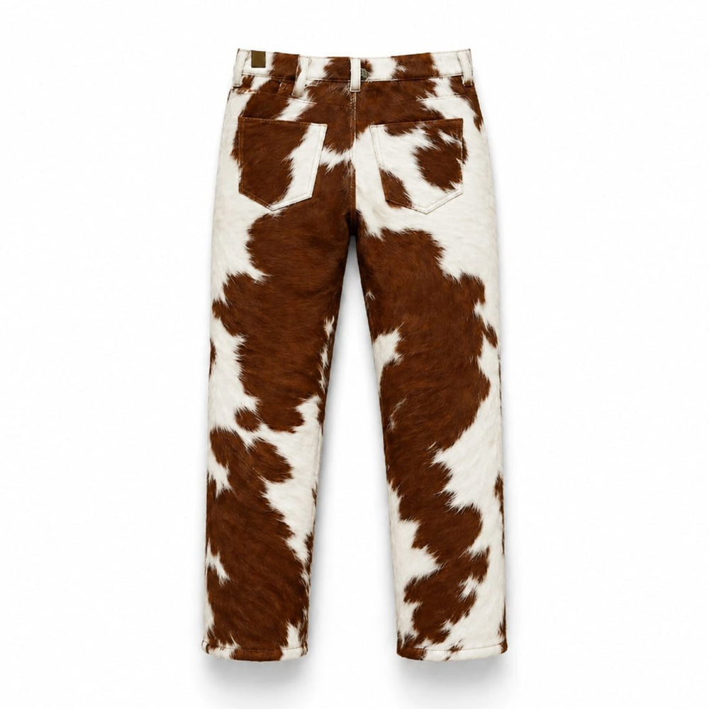 Rear view of Western style hair-on-hide leather pants showing natural hide pattern.