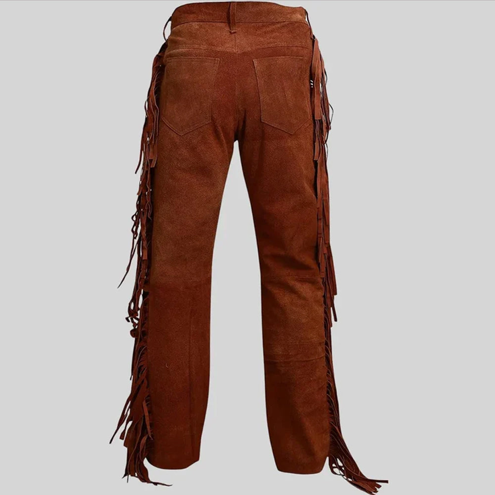 Rear view of brown suede cowboy pants showing flat front and back pocket design.