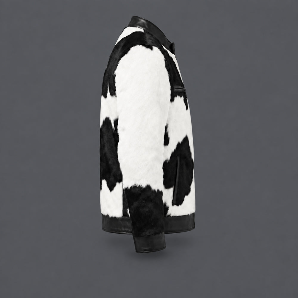 Side profile of cowhide cafe racer jacket showing sheepskin cuff, hip pocket and straight hem
