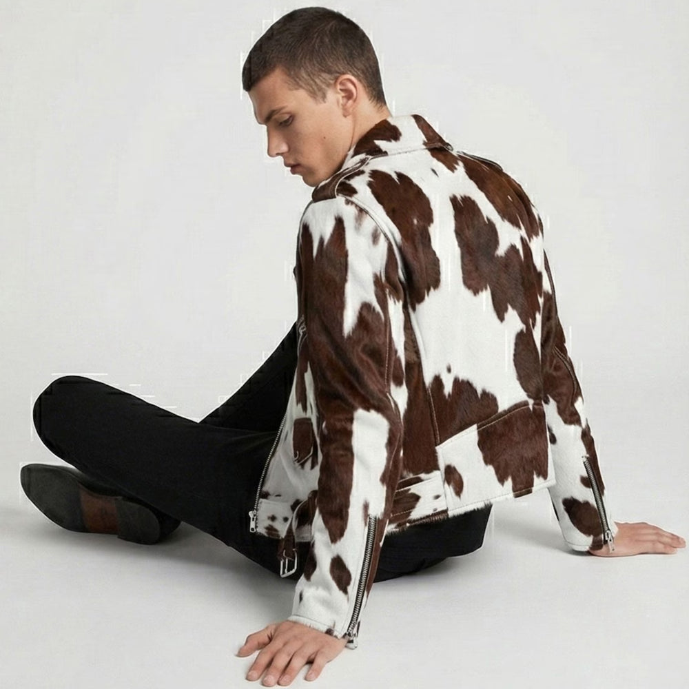 Rear side view of brown and cream cowhide double rider jacket with zippered sleeve cuffs
