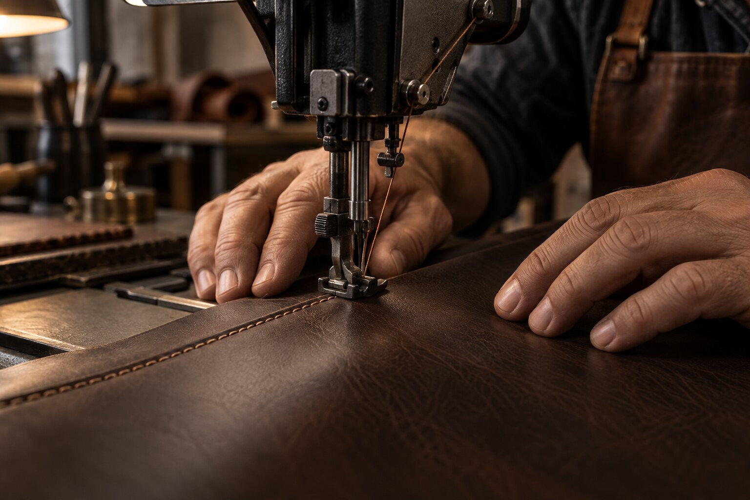 Close-up of bonded nylon topstitching on brown leather at a sewing machine