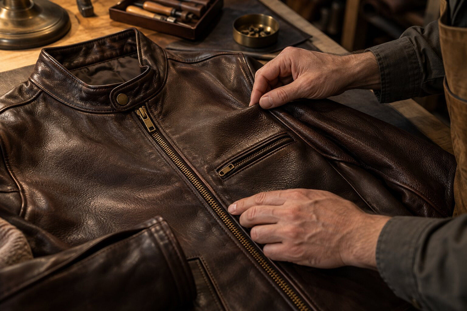 Leather jacket inspection focusing on grain, seams and metal zipper hardware