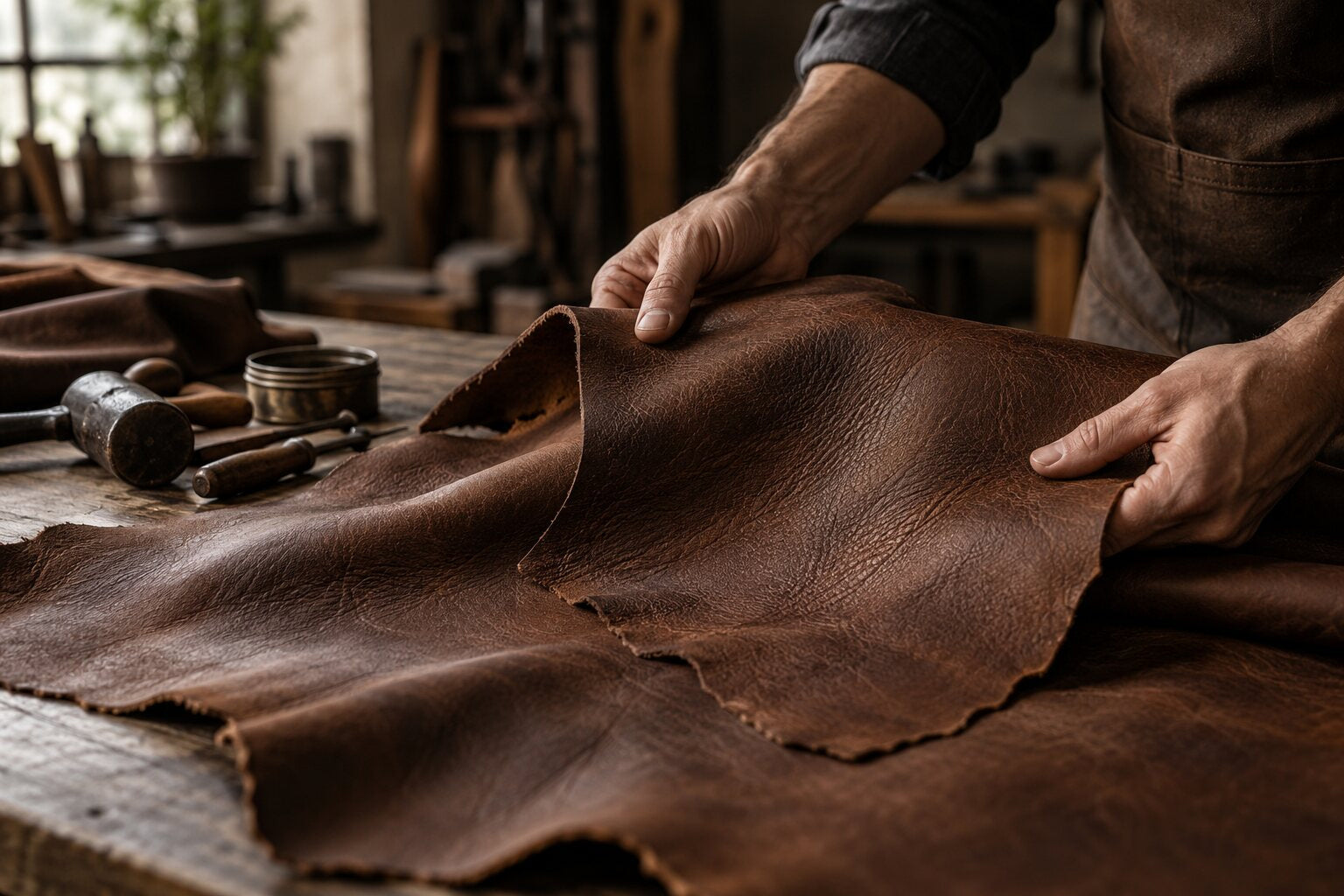 Artisan inspecting brown sheepskin leather hides on a workshop table