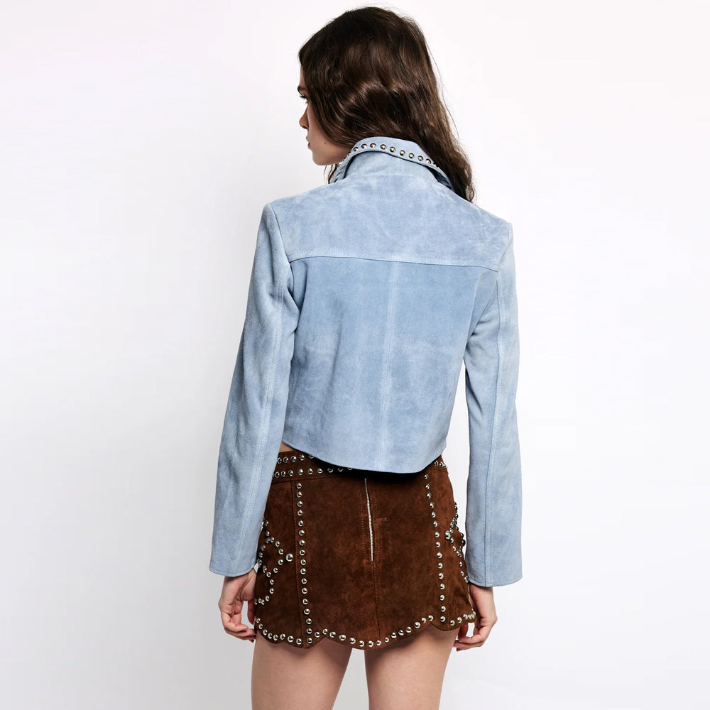 Rear view of the women's Crazy Life cashmere blue suede cropped jacket displaying the patterned silver studs.