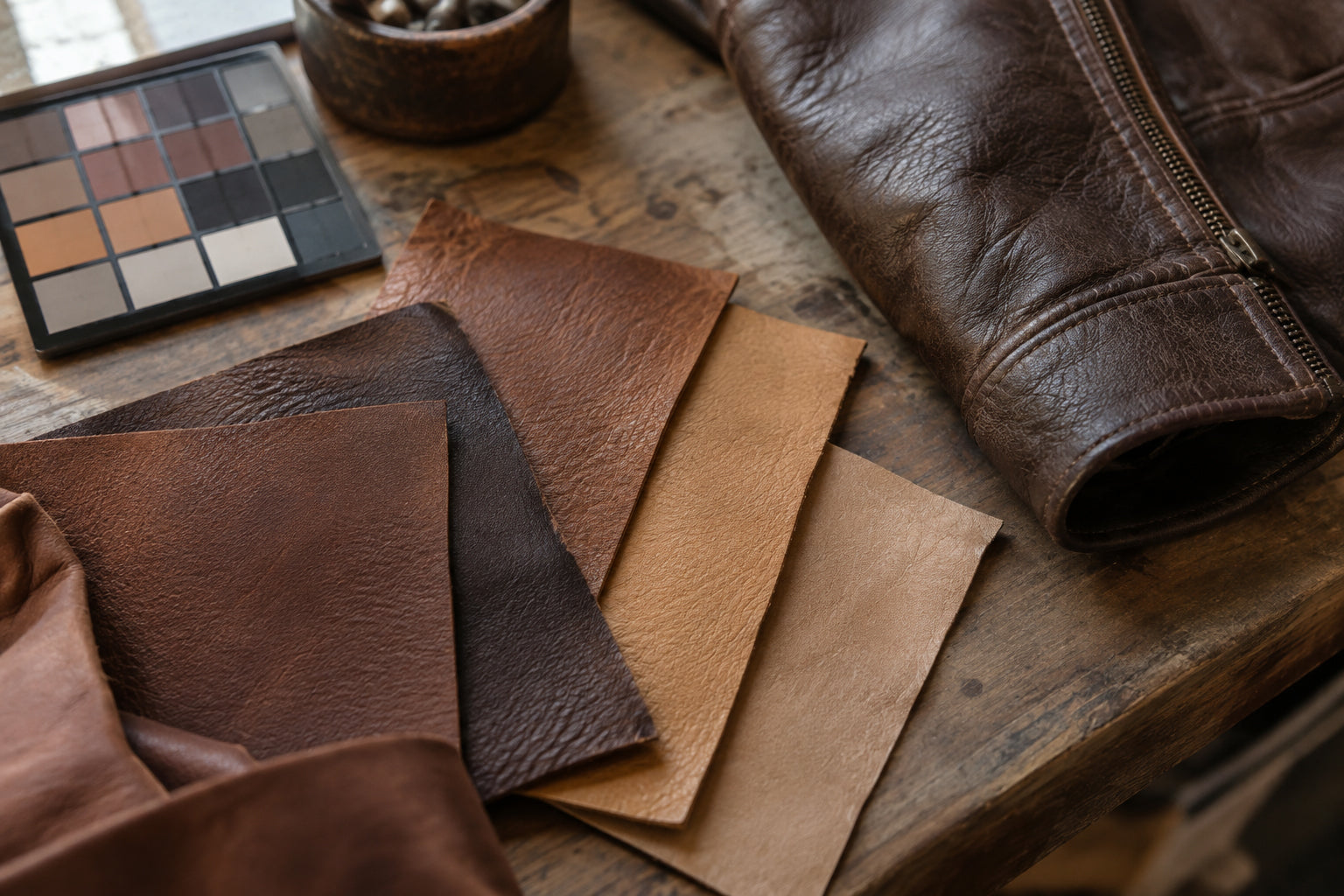 Artisan comparing brown and black leather shades for a custom shearling jacket