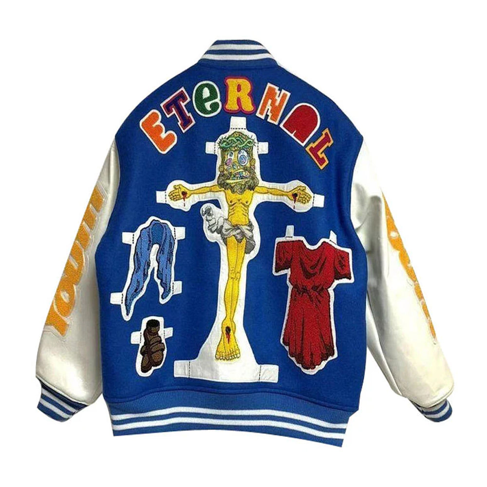 Detailed back view of the blue and white Damar Hamlin Super Bowl varsity jacket, showing the abstract Christian crucifixion patch design.