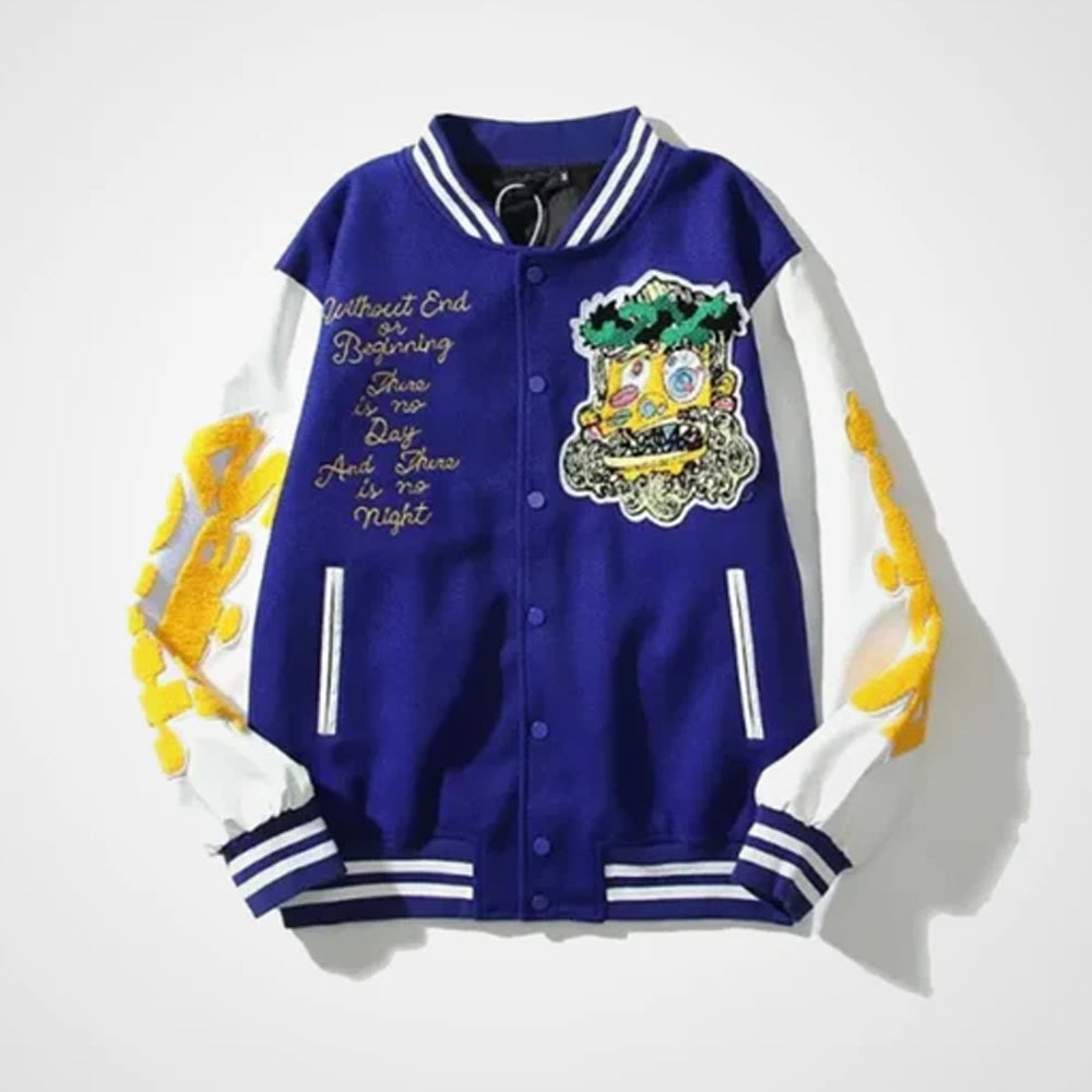 Front view of the royal blue Damar Hamlin varsity jacket displaying the gold religious script text and the abstract Jesus face patch on the chest.