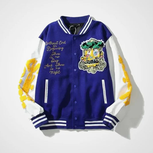 Front view of the royal blue Damar Hamlin varsity jacket displaying the gold religious script text and the abstract Jesus face patch on the chest.