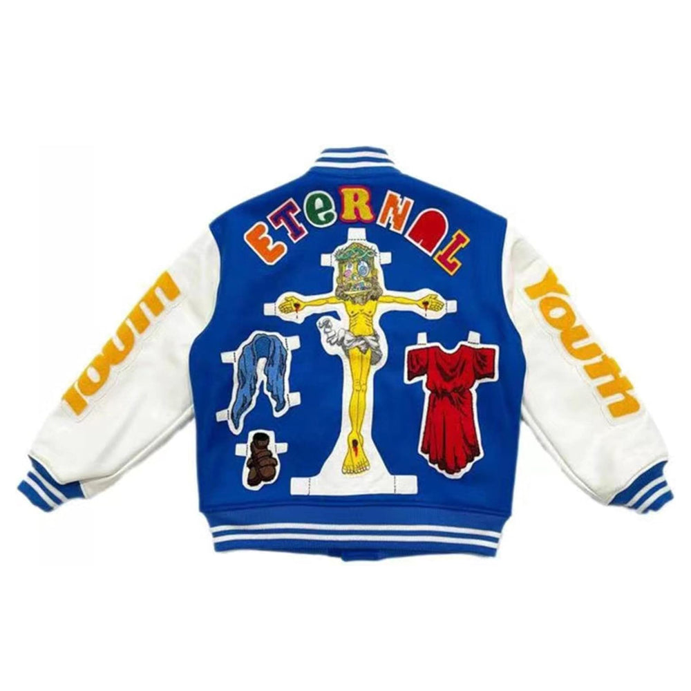The back design of the blue and white Damar Hamlin varsity jacket featuring abstract Jesus Christ on the cross artwork with colorful Eternal Youth patches.
