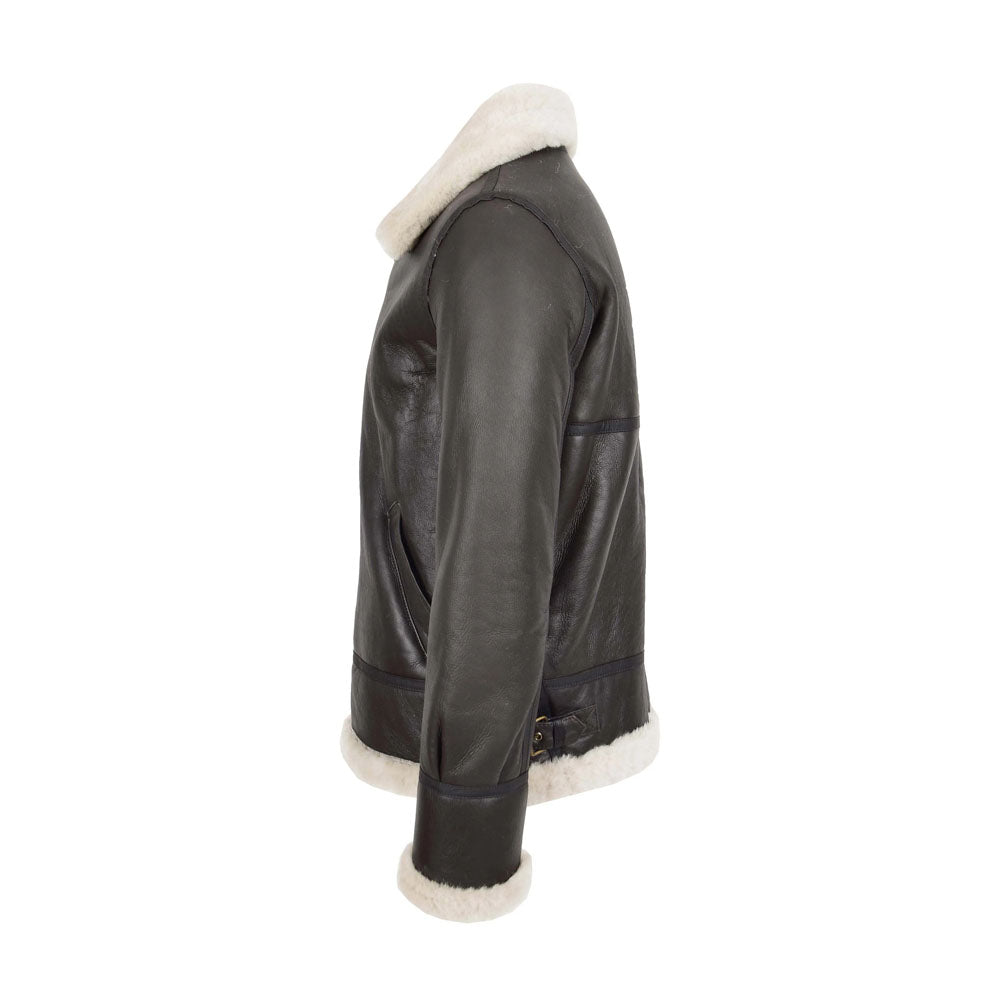 Side profile view of dark brown B3 shearling coat showing sleeve seams and side waist buckle adjuster