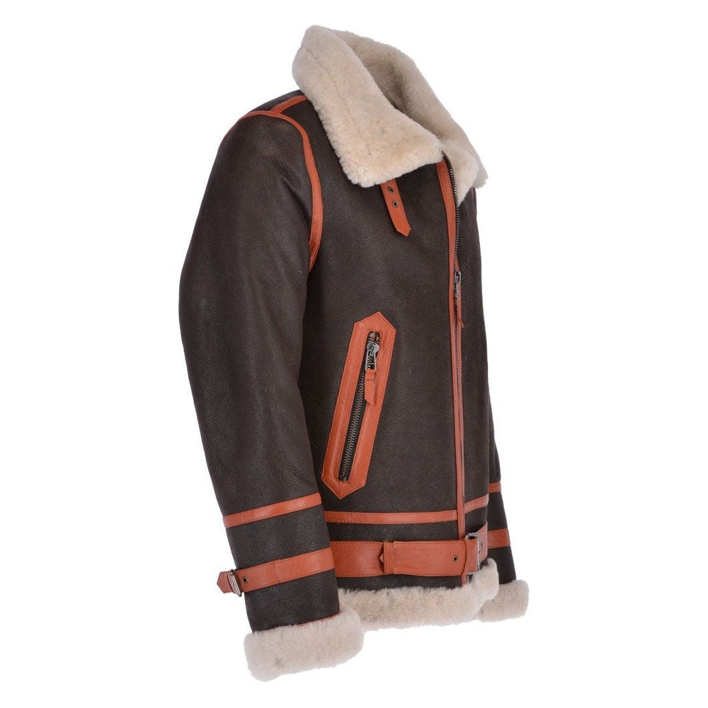 Three-quarter view of dark brown nubuck shearling jacket highlighting light brown full waist belt and zippered hand pockets