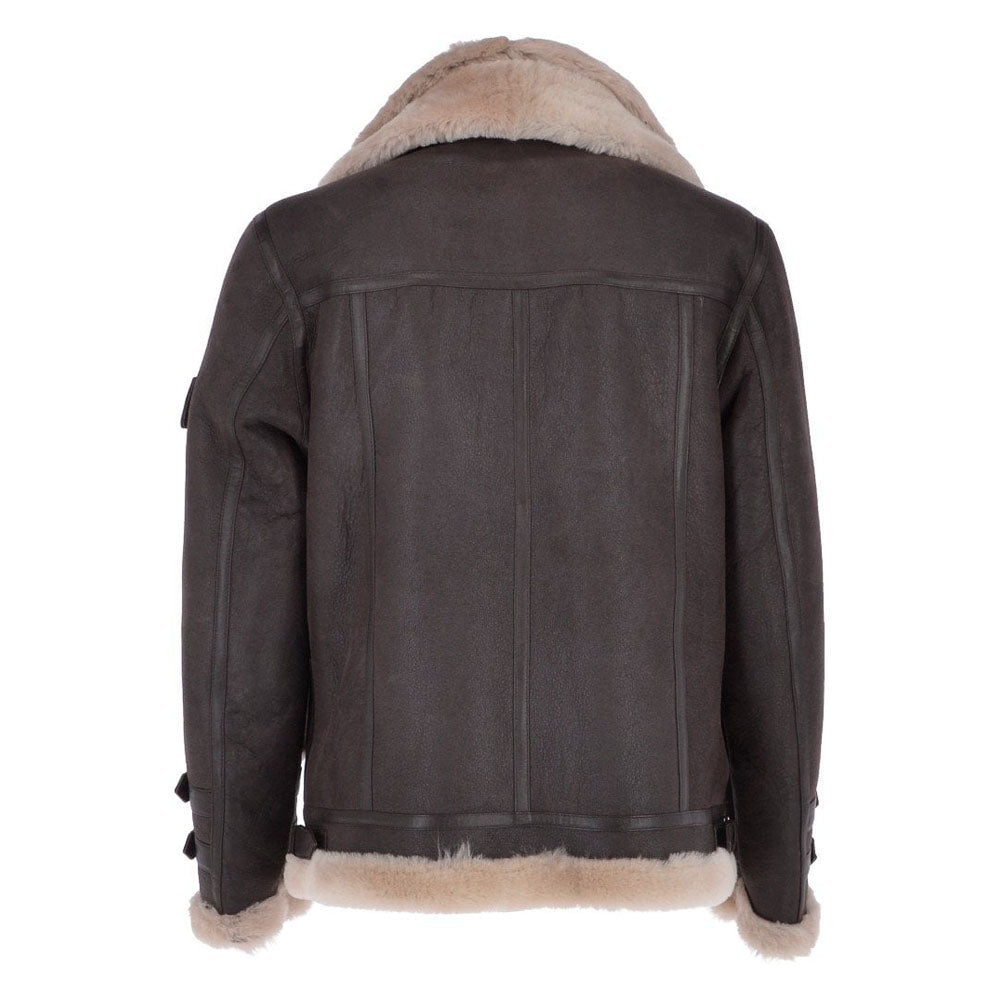 Back view of dark brown shearling aviator jacket featuring central vertical seam strips, shoulder yoke, and beige wool hem