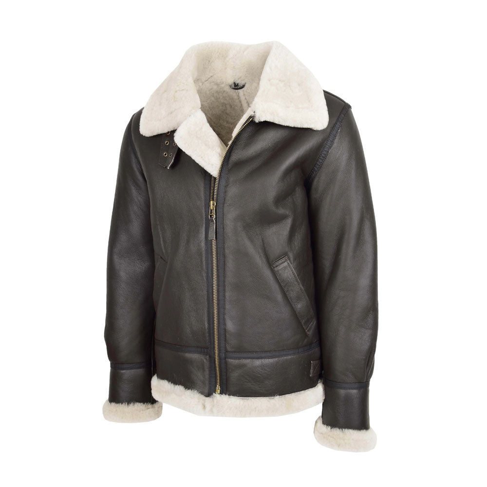 Angled front view of dark brown shearling leather flight jacket displaying side pocket and turned-back fur cuffs