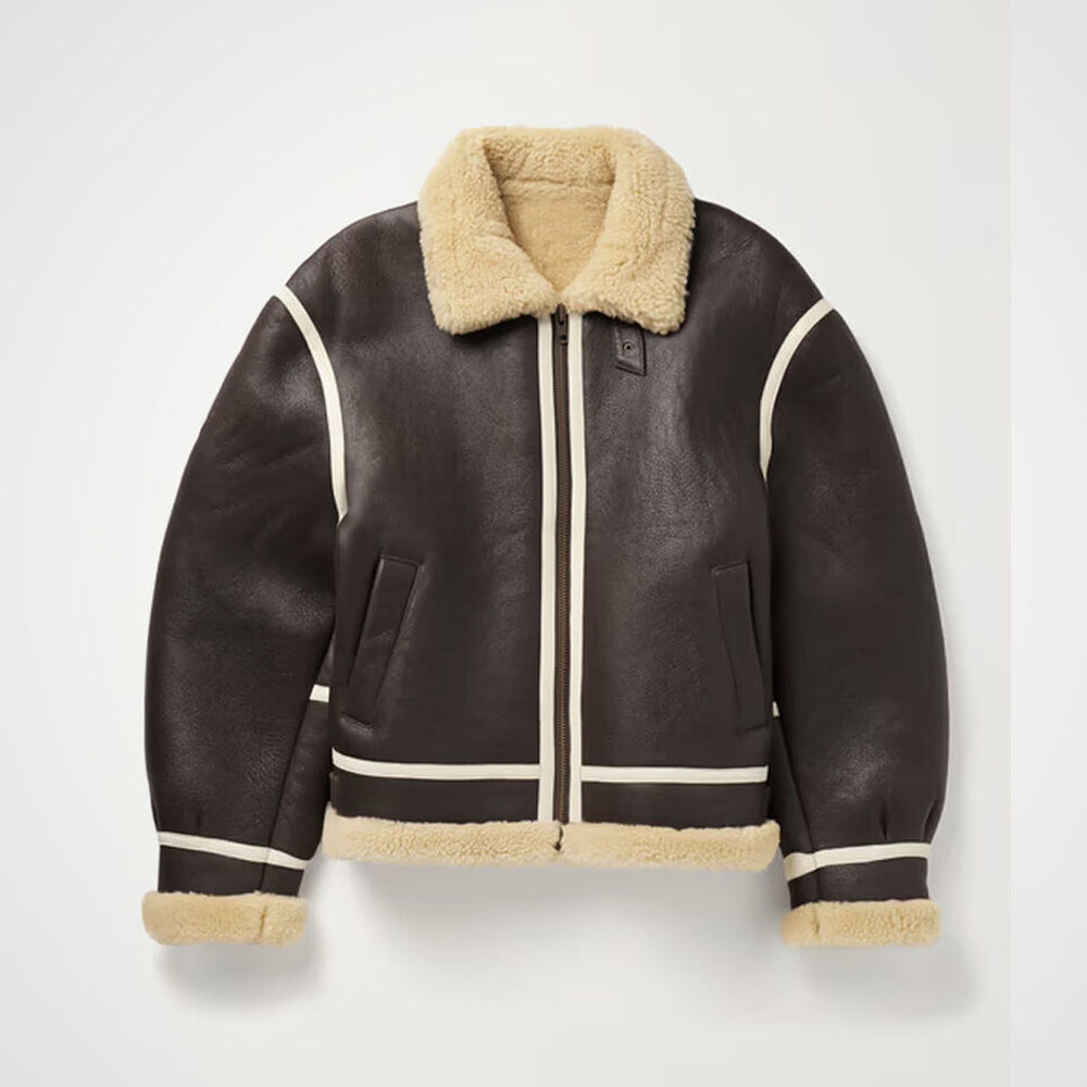 Flat front view of dark espresso shearling aviator jacket featuring off-white contrast leather seam piping