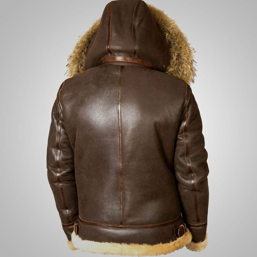 Back view of dark mocha hooded B3 flight coat displaying vertical spine piping and fur trimmed hem