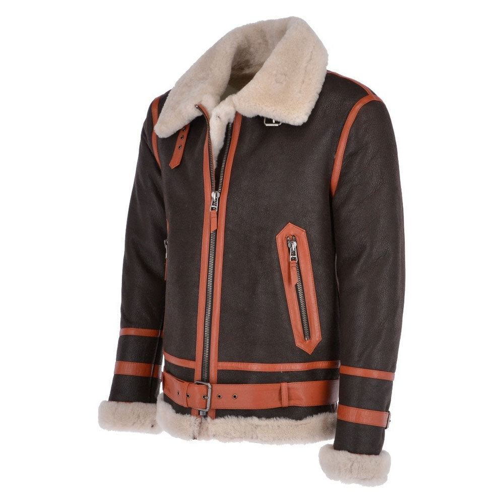 Side profile of dark nubuck B-3 flight jacket displaying YKK zippered pocket with tan leather welt border and wrist buckle strap