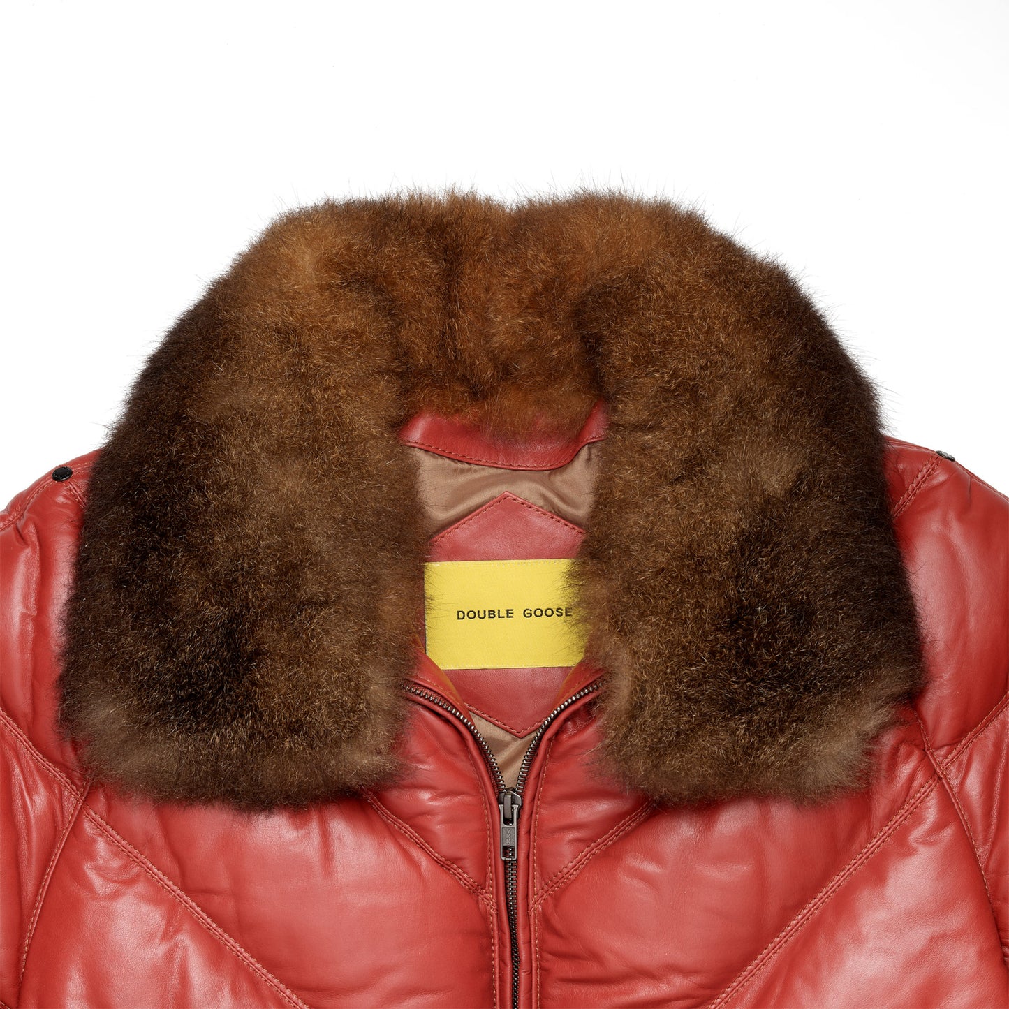 Macro close-up shot highlighting the texture of the thick detachable opossum fur collar trim on the leather jacket.