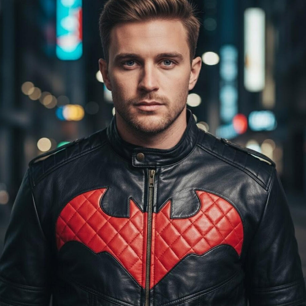 Close-up of red diamond-quilted bat-wing appliqué, snap stand collar and front zipper