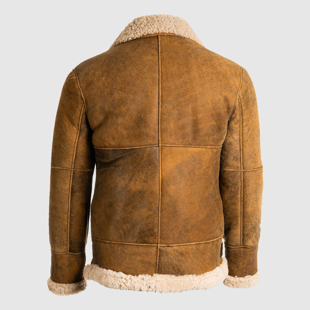 Back view of distressed tan B3 flight coat featuring 4-panel double stitched seams and cream fur hem