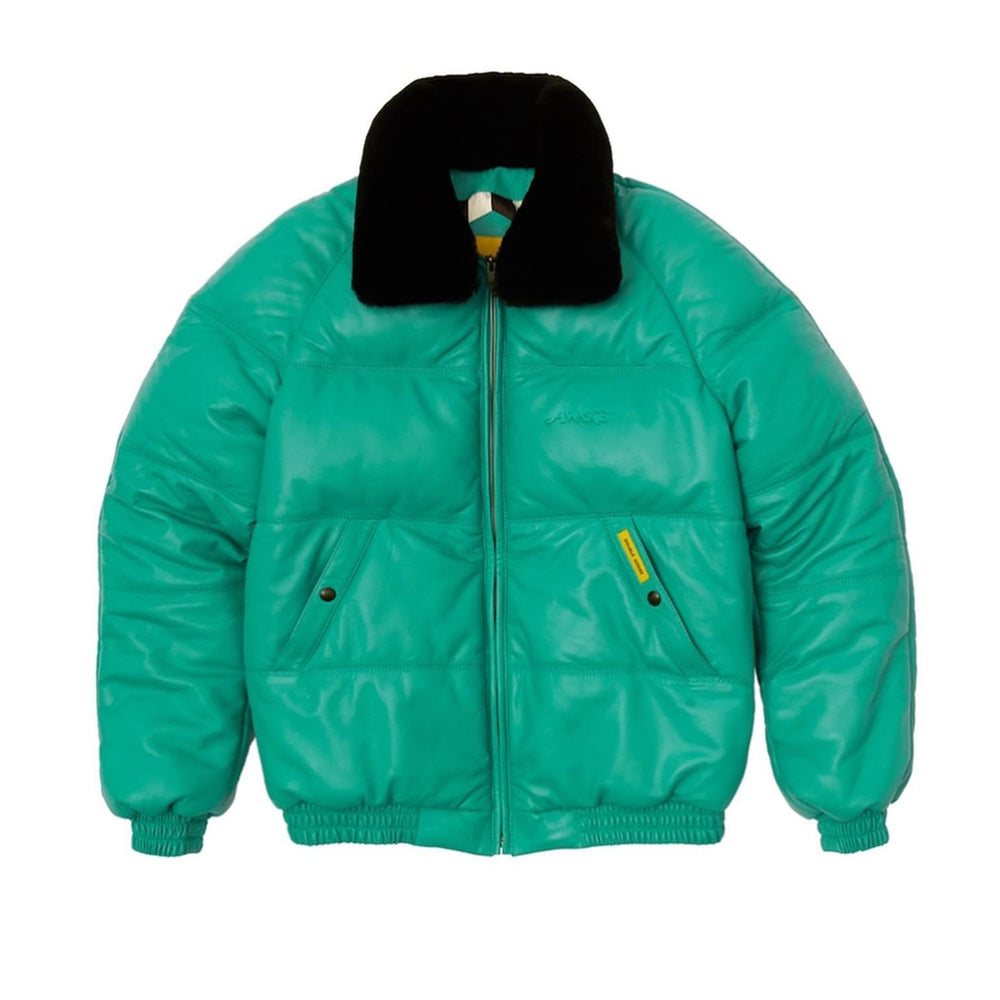 Double Goose x AWAKE mint green leather puffer jacket with black shearling collar, front view