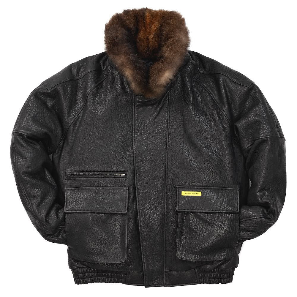 Double Goose black bubble leather flight jacket with fur collar laid flat