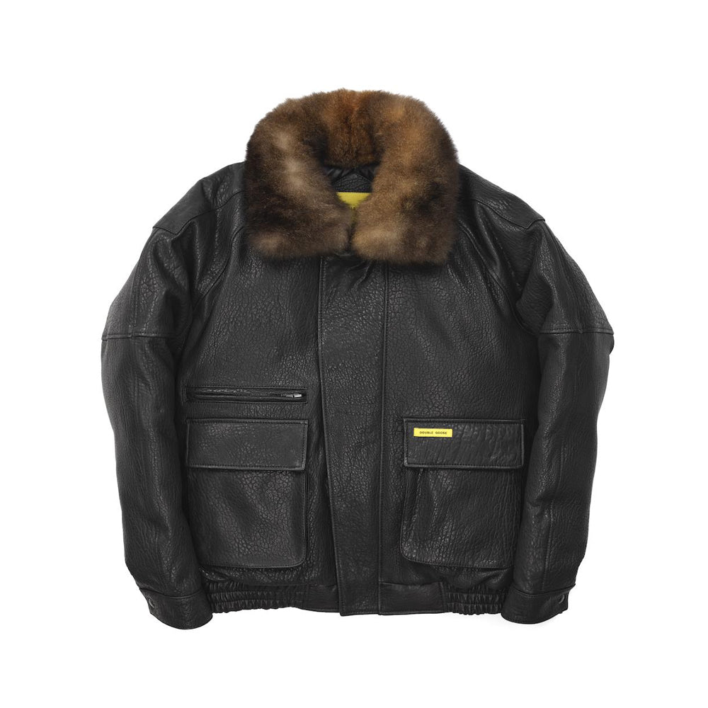 Double Goose black bubble leather flight jacket with detachable opossum fur collar, front view