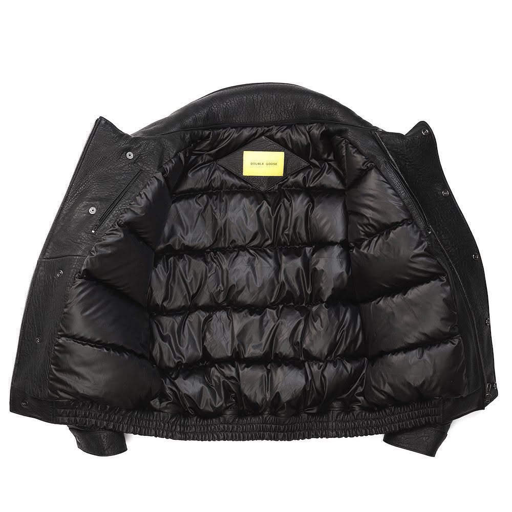 Double Goose black leather flight jacket open showing channel-quilted down lining