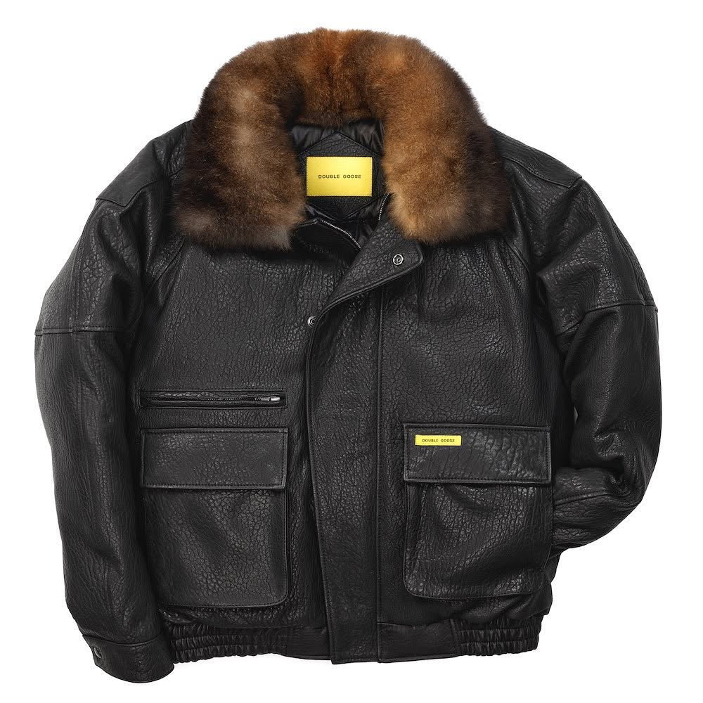 Double Goose black leather flight jacket showing storm flap and cargo pockets, front view